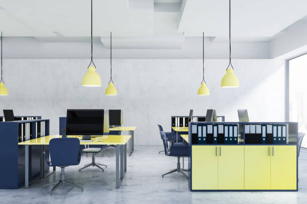 istock Interior of blue and yellow office 1149136152