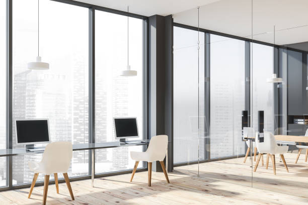 istock Gray panoramic office and meeting room 1149136775
