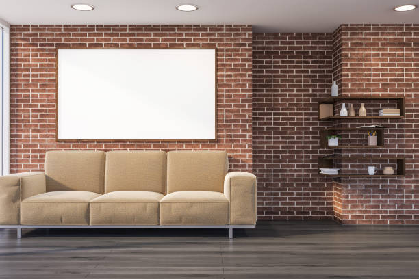 istock Brick living room, sofa, poster, shelves 1149137566