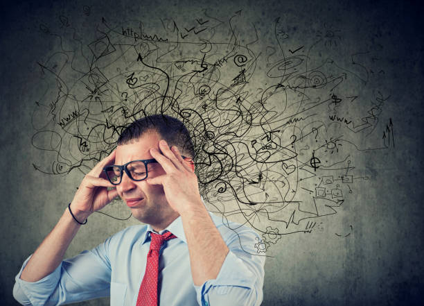 istock Thoughtful stressed man with a mess in his head 1149137981