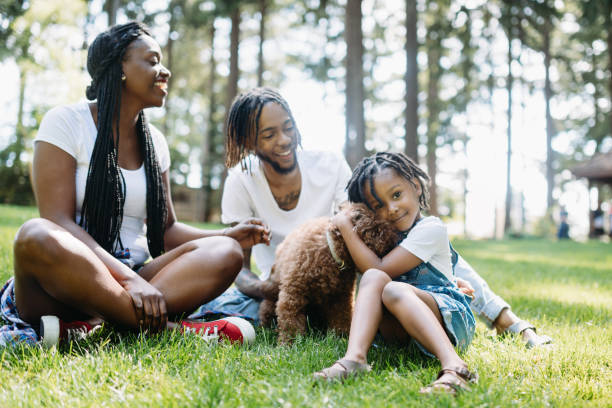 Family Playing In Park With Dog A cute young African American family enjoys relaxation time in a city public park with their pet poodle.  Shot in Tacoma, Washington. tacoma photos stock pictures, royalty-free photos & images