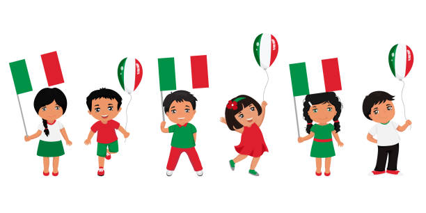 ilustraciones, imágenes clip art, dibujos animados e iconos de stock de niños con banderas italianas. ilustración vectorial. plantilla de diseño moderno - italian culture rome europe cartoon