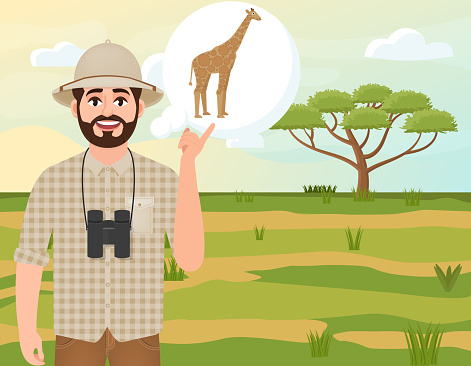Happy man in cork hat, animal hunter thinks about giraffe, safari landscape, umbrella acacia, African countryside, vector illustration