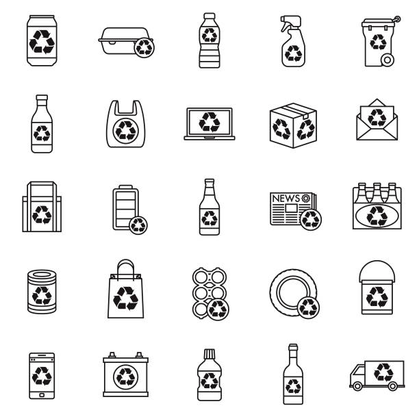 Recyclables Icon Set A set of icons. File is built in the CMYK color space for optimal printing. Color swatches are global so it’s easy to edit and change the colors. laptop in a trash bin stock illustrations