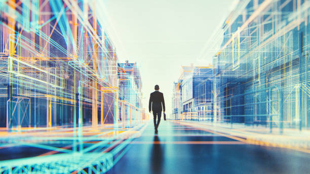 Lone businessman walking in virtual reality street display. This is entirely 3D generated image.