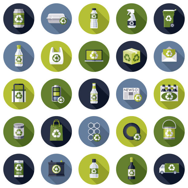 illustrazioni stock, clip art, cartoni animati e icone di tendenza di set di icone riciclabili - tire recycling recycling symbol transportation