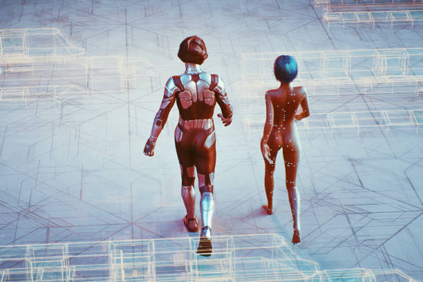 istock Futuristic cyborgs walking on the street 1149149246