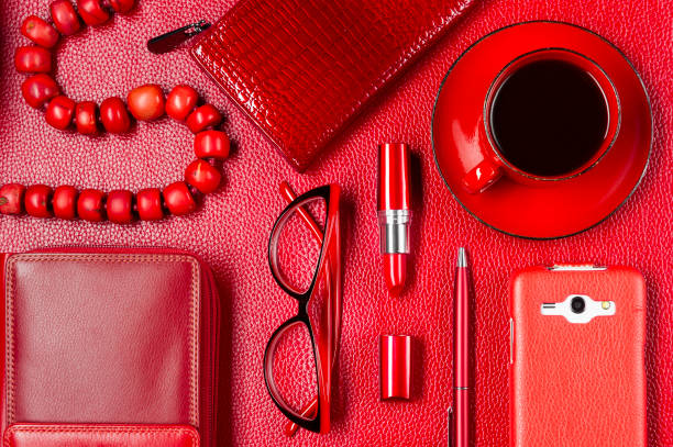 istock Woman red accessories and coffee 1149149257