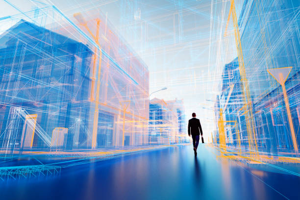 istock Lone businessman walking in virtual reality street display 1149150081