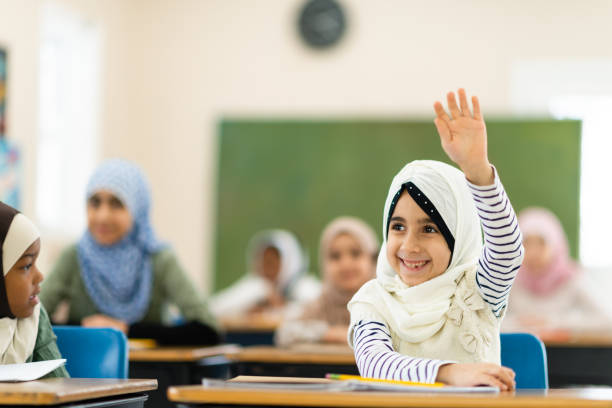 istock Muslim girl raising her hand 1149156686