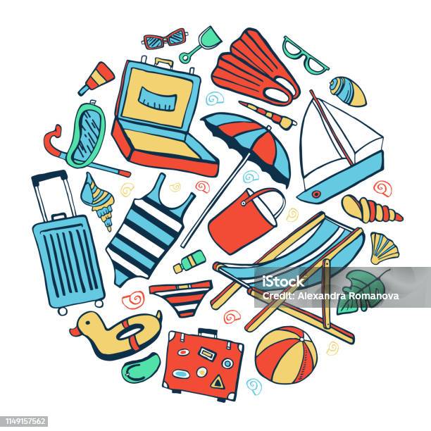 Round Composition With Colorful Beach Objects Vector Outline Hand Drawn Illustration Stock Illustration - Download Image Now