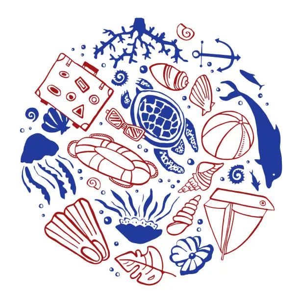 Vector illustration of Round composition with sealife and beach objects. Vector outline hand drawn illustration red and blue