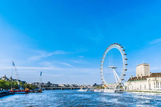 Photo of Westminster Parliament, Big Ben and the Thames with blue sky