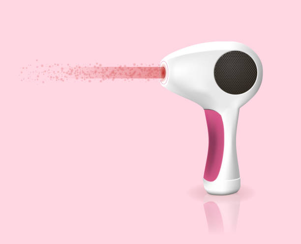 Modern Laser Epilator with Red Beam, Hair Removal Modern Laser Epilator with Red Light Beam Isolated on Pink Background. Hair Removal Method. Epilation, Beauty and Skin Care Accessory, Technology, Equipment for Women 3D Vector Realistic Illustration epilator stock illustrations