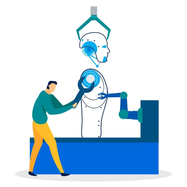 Vector illustration of Robot Manufacture Process Flat Cartoon Banner