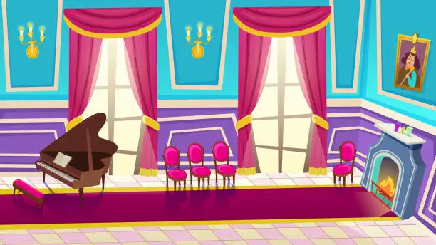 Vector illustration of Empty Castle Music Hall Interior with Grand Piano.