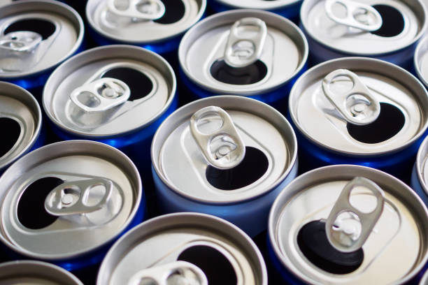 istock Empty aluminium drink cans recycling background concept 1149158124