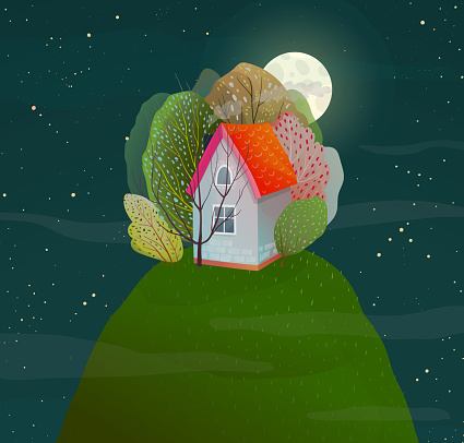 Night dark romantic hose in nature on top of the hill with forest. Vector watercolor style.