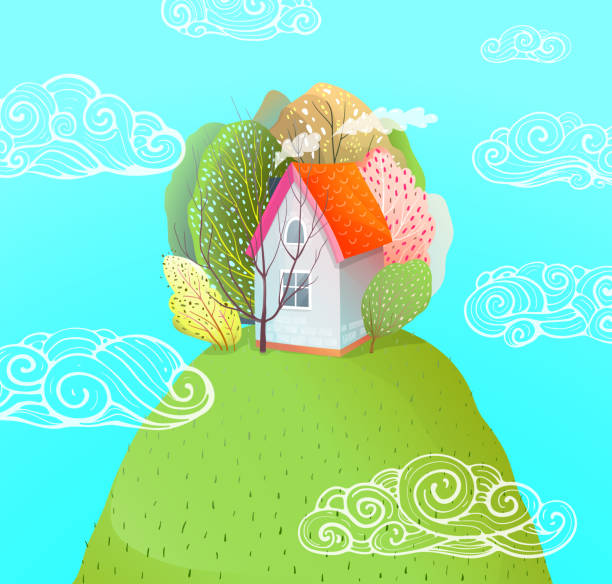 illustrazioni stock, clip art, cartoni animati e icone di tendenza di summer house on hill watercolor style cartoon - mountain landscape mountain peak small