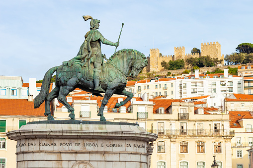 Lisbon, Portugal - February 8, 2019:  The Praca da Figueira in Lisbon, Portugal with the Castelo Sao Jorge in the background.