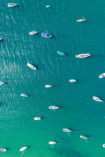 Aerial view of yachts moored at marina
