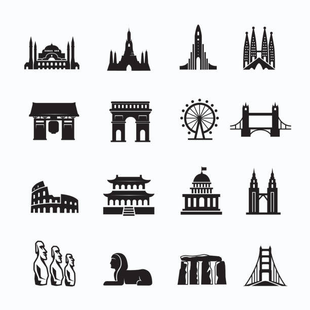 Landmark Icon Travel Landmark icon set and cultures, set of 16 editable filled, Simple clearly defined shapes in one color. wat arun stock illustrations