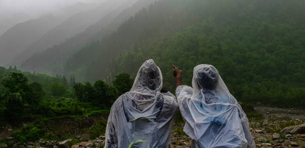 Explorers of hemkund and chamoli with cheap raincoat. stock photo
