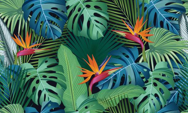 istock Seamless pattern tropical leaves with bird of paradise on black background 1149173536