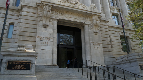 Washington DC/USA April 18 2019/main entrance of John A. Wilson Building.Houses the offices of the Mayor of Washington and the Council of the District of Columbia.