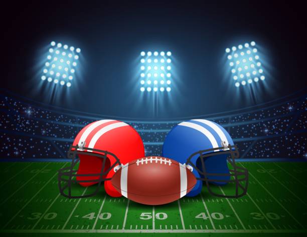 istock American football arena, helmet, ball with bright stadium lighting design. 1149176099