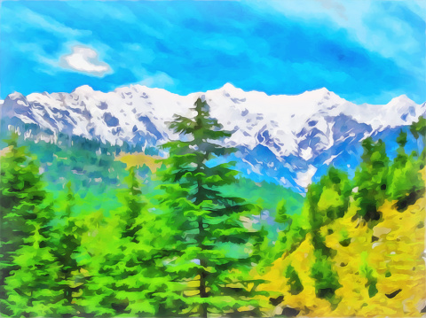 Digital painting. Drawing watercolor. Mountain landscape. Alpine landscape in early spring. Himalayas Tibet