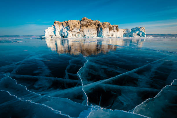 frozen lake at lake baikal - lake baikal lake landscape winter imagens e fotografias de stock