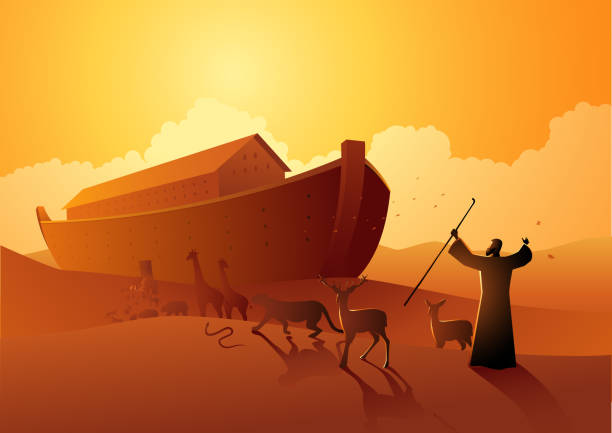 illustrazioni stock, clip art, cartoni animati e icone di tendenza di noè e l'arca prima del grande diluvio - bibbia illustrazioni