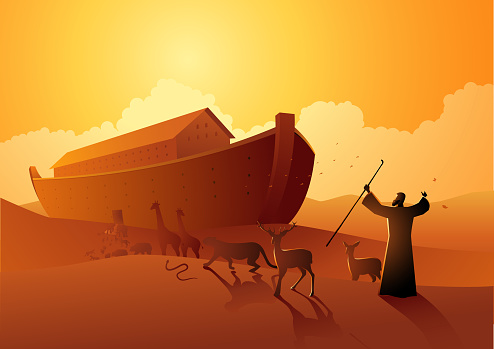 Biblical vector illustration series, Noah and the ark before great flood