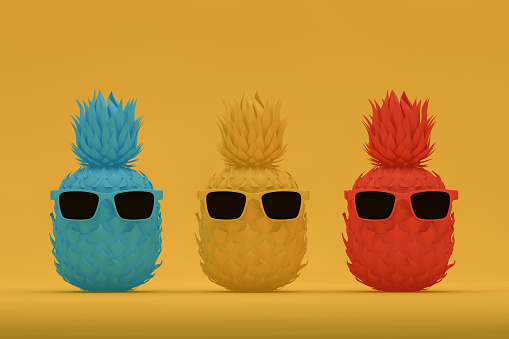 3d rendering of Tropical pineapple, minimal summer concept on yellow background.  Yellow sunglasses.