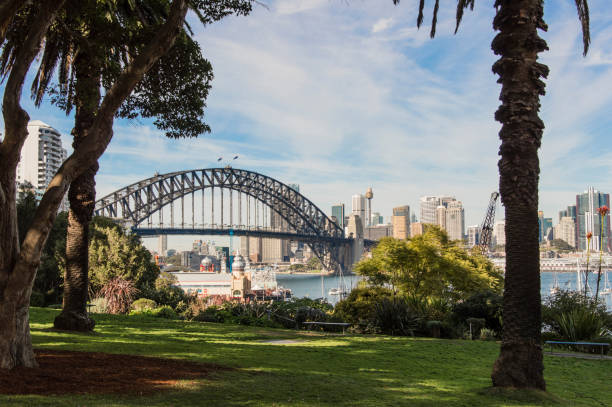 ウェンディシークレットガーデンからハーバーブリッジビューシドニーオーストラリア - sydney australia australia sydney harbor sydney harbor bridge ストックフォトと画像