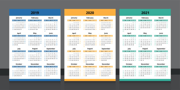 kalender 2019, 2020, 2021. bunte kalendervorlage designwoche beginnt am sonntag. - 2019 stock-grafiken, -clipart, -cartoons und -symbole