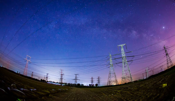 istock High voltage towers at night and the Milky Way 1149191898