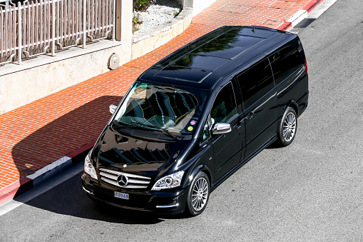 Monte-Carlo, Monaco - March 12, 2019: Black luxury van Mercedes-Benz W639 Viano in the city street.