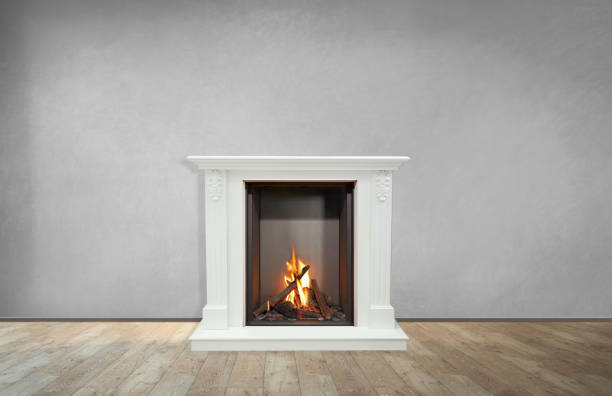 istock White Fireplace in bright empty living room interior of house 1149194545