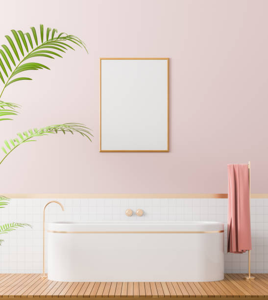 istock Mock up poster frame in scandinavian style bathroom. Modern bathroom design. 3D illustration. 1149195123