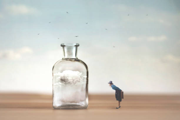 curious woman observes with astonishment a cloud trapped in a vase