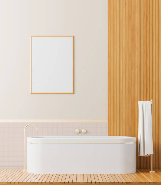 istock Mock up poster frame in scandinavian style bathroom. Modern bathroom design. 3D illustration. 1149195441