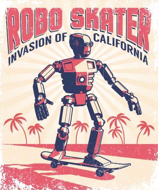 Humanoid robot riding a skateboard Humanoid robot riding a skateboard - vintage retro poster in a stamp printing style. Vector illustration. Grunge texture on separate layer. skateboard stock illustrations