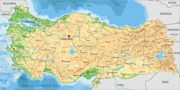 illustrazioni stock, clip art, cartoni animati e icone di tendenza di mappa fisica della turchia ad alta dettaglio con etichettatura. - turchia