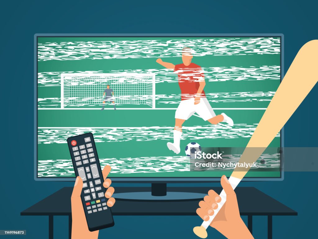 Angered Person Watching Football / Soccer on TV. Bad Signal and Picture. Hand With Control Panel and Baseball Bat. Angered Person Watching Football / Soccer on TV. Bad Signal and Picture. Hand With Control Panel and Baseball Bat. Sport Vector Illustration. Sport stock vector