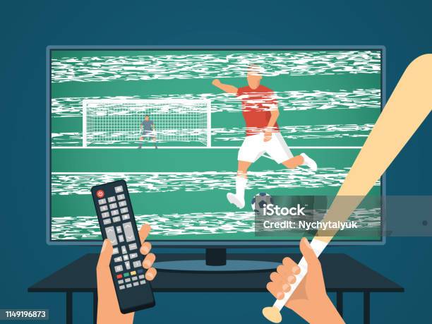 Angered Person Watching Football Soccer On Tv Bad Signal And Picture Hand With Control Panel And Baseball Bat Stock Illustration - Download Image Now