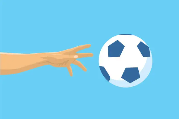 Vector illustration of Football / Soccer Flying Ball on Blue Background. Hand Reaching for Ball.