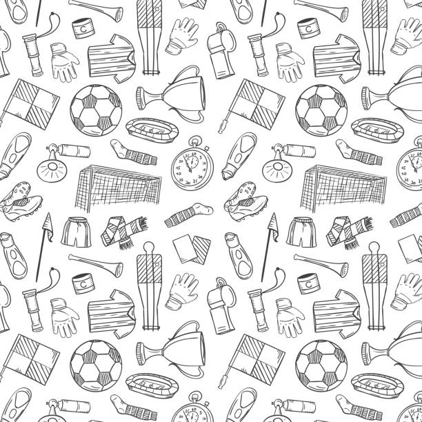 illustrazioni stock, clip art, cartoni animati e icone di tendenza di motivo sportivo con simboli calcio/calcio in stile disegno a mano. illustrazione vettoriale - calcio sport