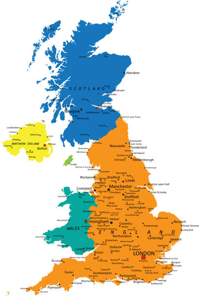 五顏六色的英國政治地圖與清楚地標記, 分開的層。 - manchester united 幅插畫檔、美工圖案、卡通及圖標